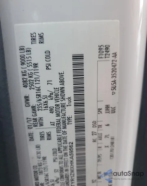 2017 Ford Transit T-250 z USA, uszkodzony, nr VIN 1FTYR1ZMXHKA59562